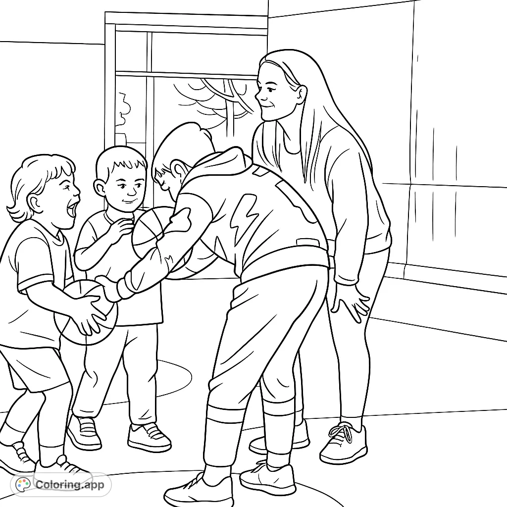 Capture the joy of a basketball game with children and an adult in a gymnasium. A dynamic scene perfect for sports enthusiasts and active fun!