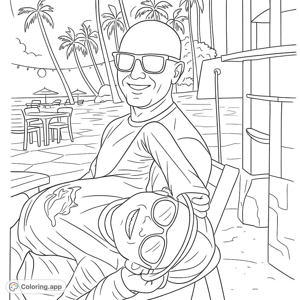 Capture a joyful beach moment with an adult and child, perfect for a relaxing coloring escape. Features palm trees, sandy shores, and smiling faces.