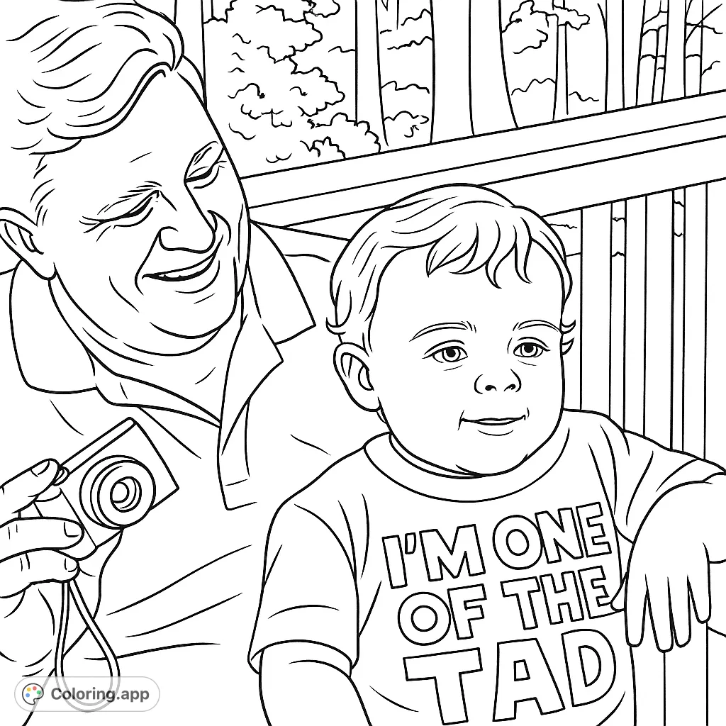 Capture a heartwarming moment between an adult and a young child, complete with a camera and an outdoor backdrop. A delightful family scene to personalize with your favorite hues.