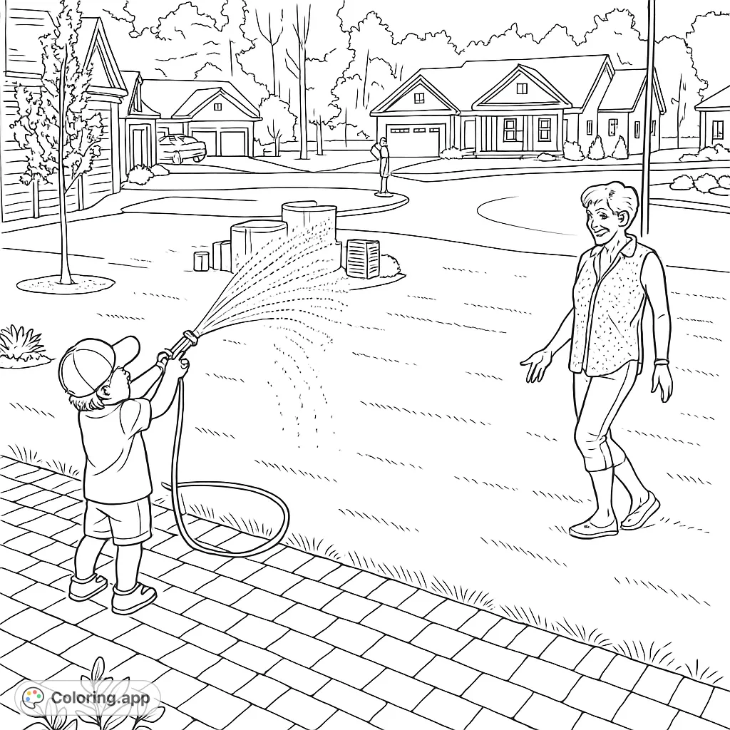 A delightful scene of a child playfully spraying water from a hose on a sunny lawn, with an adult observing. Perfect for a fun outdoor activity coloring page.