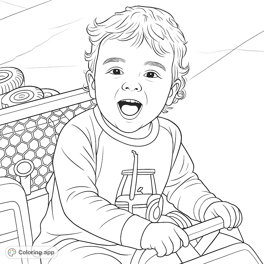 An adorable child with an excited expression, ready for adventure in their toy tractor. Perfect for young enthusiasts who love vehicles and playful scenes.