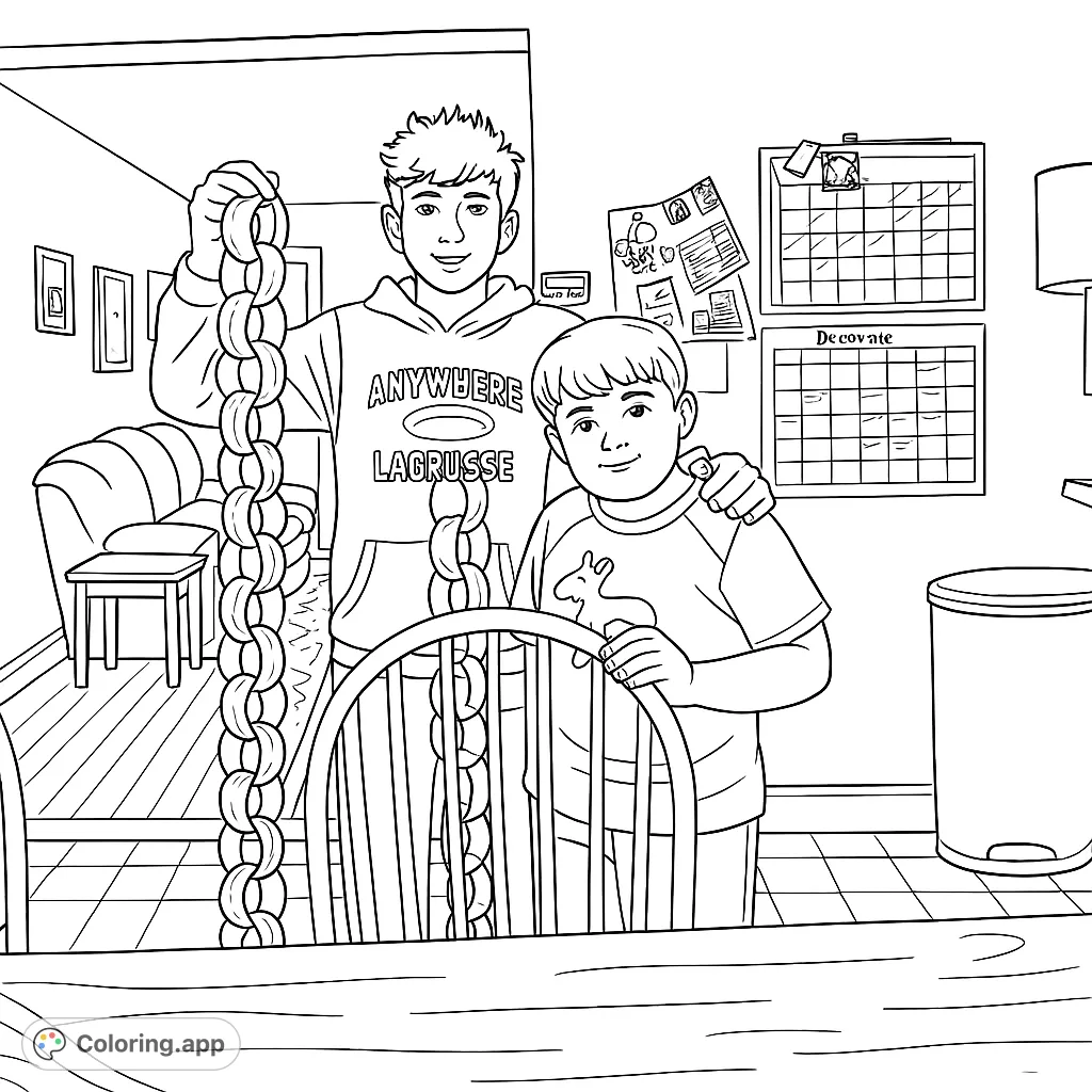 Two cheerful boys proudly display their handmade paper chains, ready for a creative coloring adventure. Perfect for young artists!