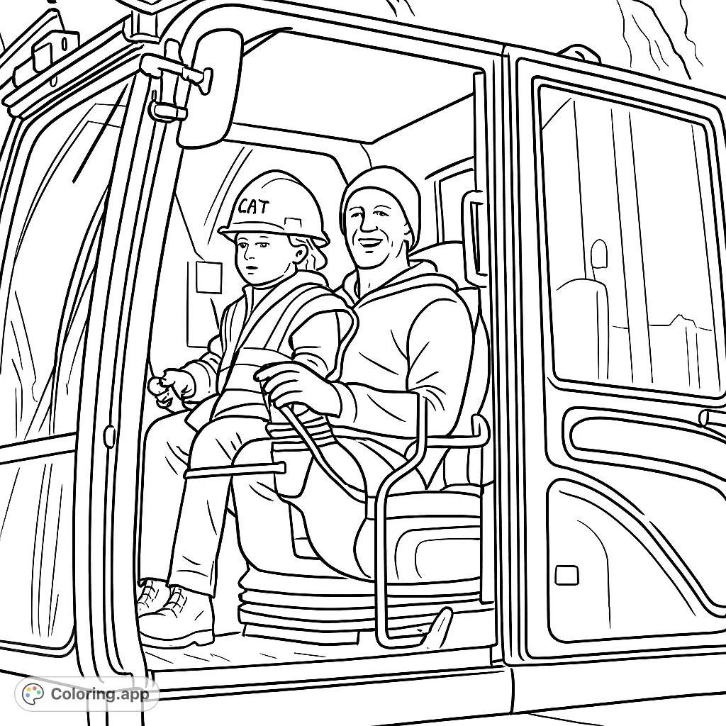 Join a construction site adventure! A smiling adult and child in safety gear explore an excavator cab, ready for heavy machinery action. Perfect for aspiring builders.