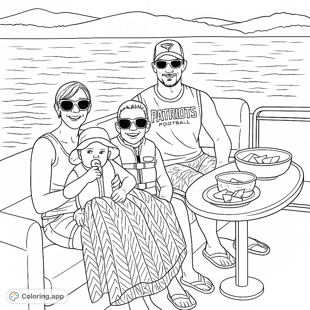 Enjoy a heartwarming family boat trip coloring page! A happy family on a pontoon boat, with a lake and mountains in the background.