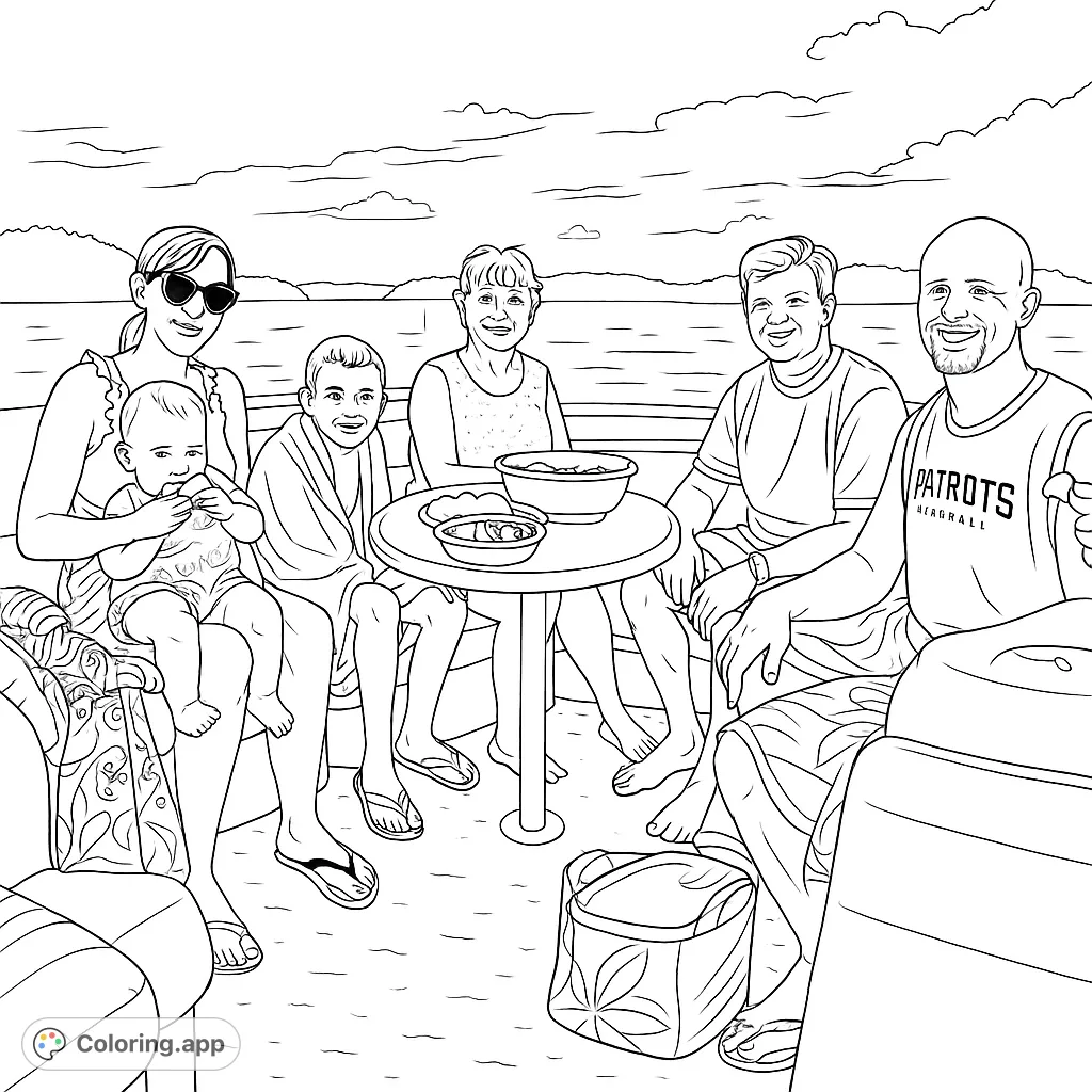 A multi-generational family enjoys a serene boat trip on a lake, featuring smiling faces, a baby, and scenic distant hills. Perfect for all ages.