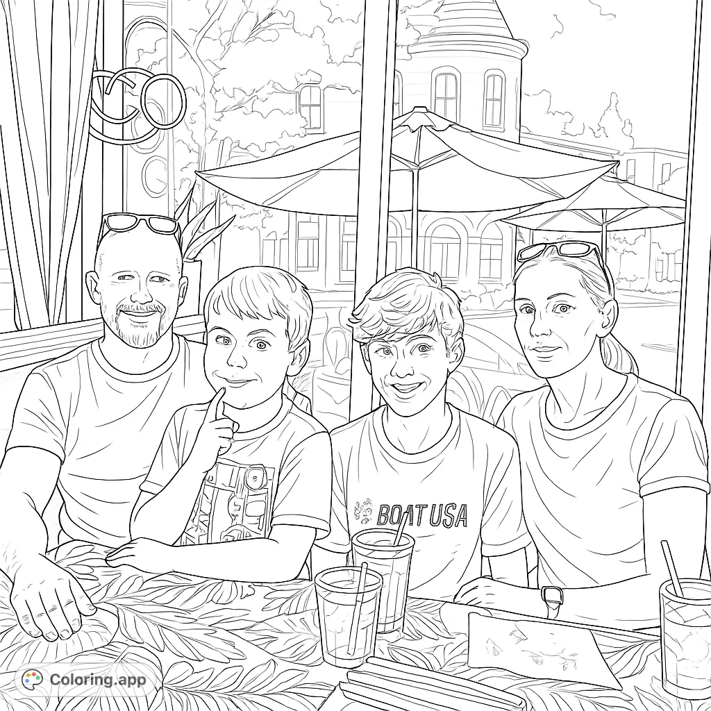 Capture a heartwarming family moment at a bustling restaurant. Four family members enjoy a meal together, surrounded by detailed decor and an inviting cityscape view.