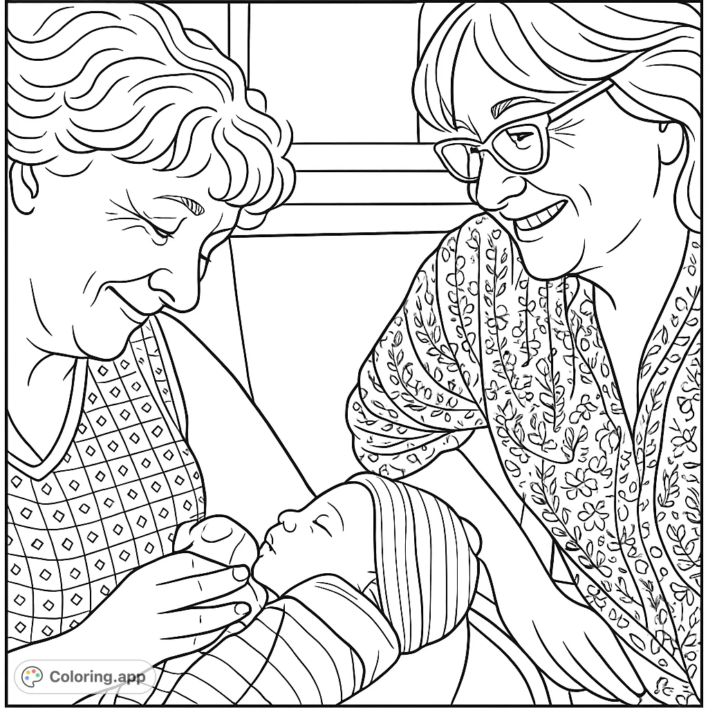 A heartwarming scene of two women lovingly admiring a newborn infant, capturing a tender moment of family connection and the joy of a new arrival.