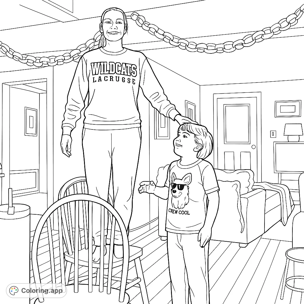 A whimsical indoor scene featuring a woman standing on chairs, a curious boy, and a festive paper chain. Perfect for family fun and creative expression.