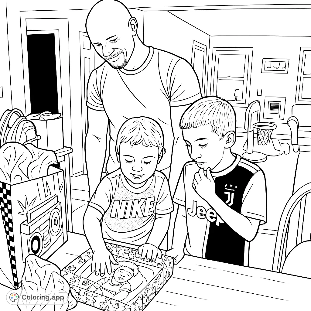 A heartwarming scene of a father and two children gathered around a table, eagerly opening presents. Capture the excitement of gift discovery in this family coloring page.