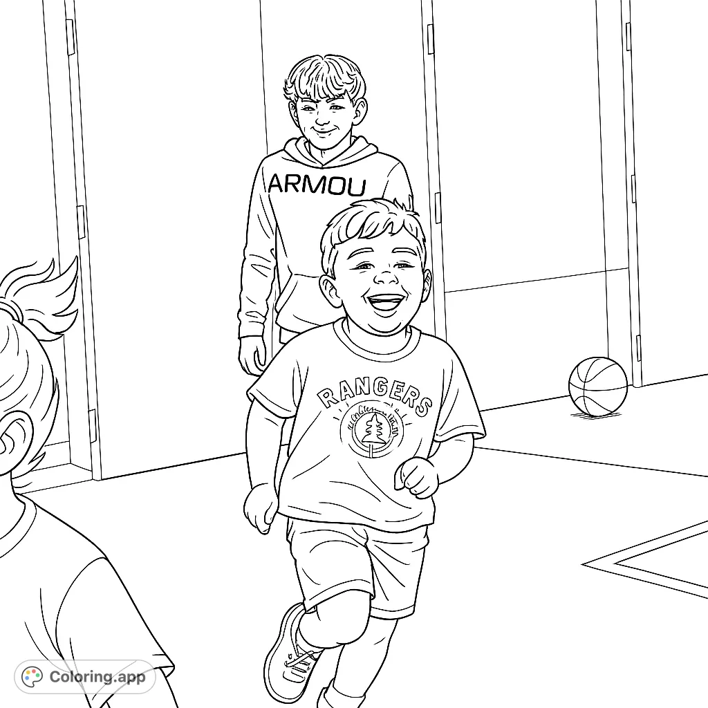 Capture the joyful energy of children running and playing in a vibrant indoor setting. Features smiling faces and dynamic movement, perfect for imaginative coloring.