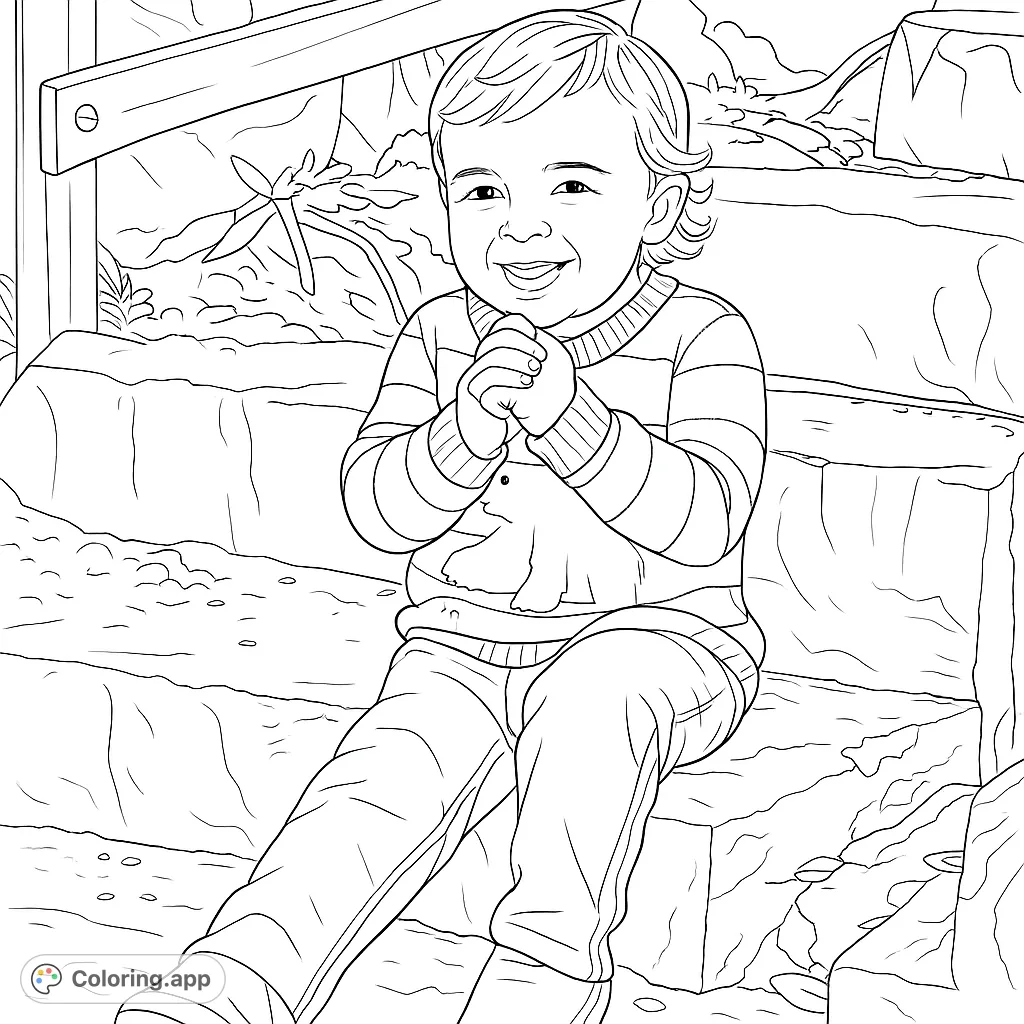 A joyful child sits on stone steps, hands clasped, wearing a striped sweater with an animal design. A delightful scene for kids to color and enjoy.