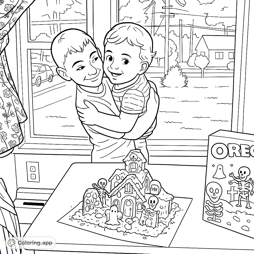 Two joyful children proudly display their spooky gingerbread graveyard, complete with tiny skeletons and pumpkins, perfect for a festive coloring session.