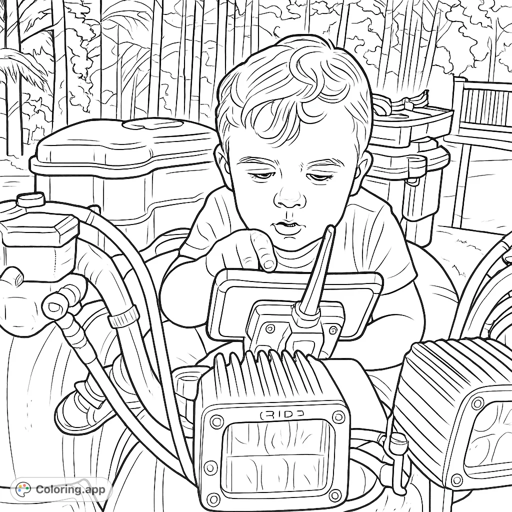 A curious toddler on an all-terrain vehicle, engrossed in a mounted device. A fun, adventurous scene set amidst trees for young explorers.