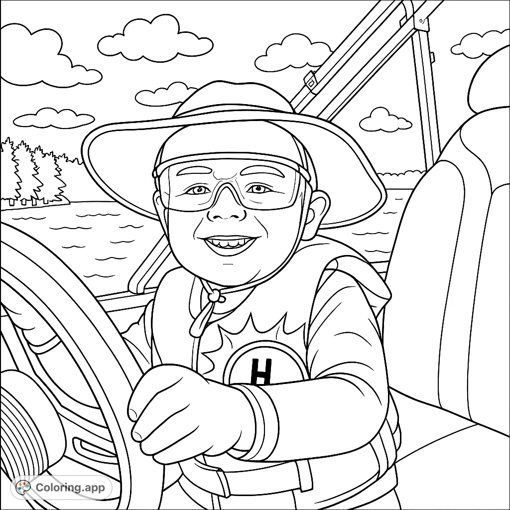A smiling child takes the helm of a boat, wearing a hat and safety gear on a sunny lake adventure. Perfect for aspiring young captains!