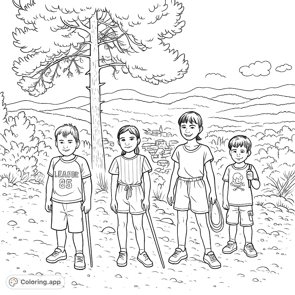 Explore nature with this exciting kids outdoor adventure coloring page featuring four children, a majestic tree, and a vast forested landscape.