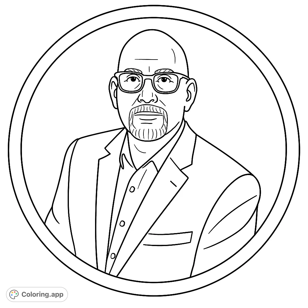 A detailed portrait of a professional man wearing glasses and a jacket, framed in a circle. Perfect for adult colorists seeking a realistic figure.
