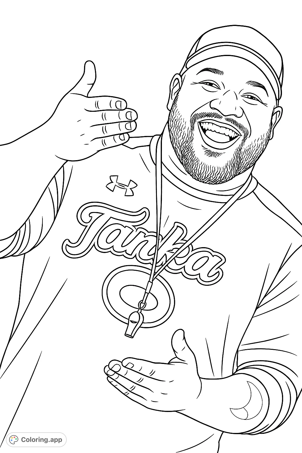 Capture the friendly spirit of a smiling coach in a hooded shirt and cap, gesturing with an open hand. A detailed design perfect for all ages.