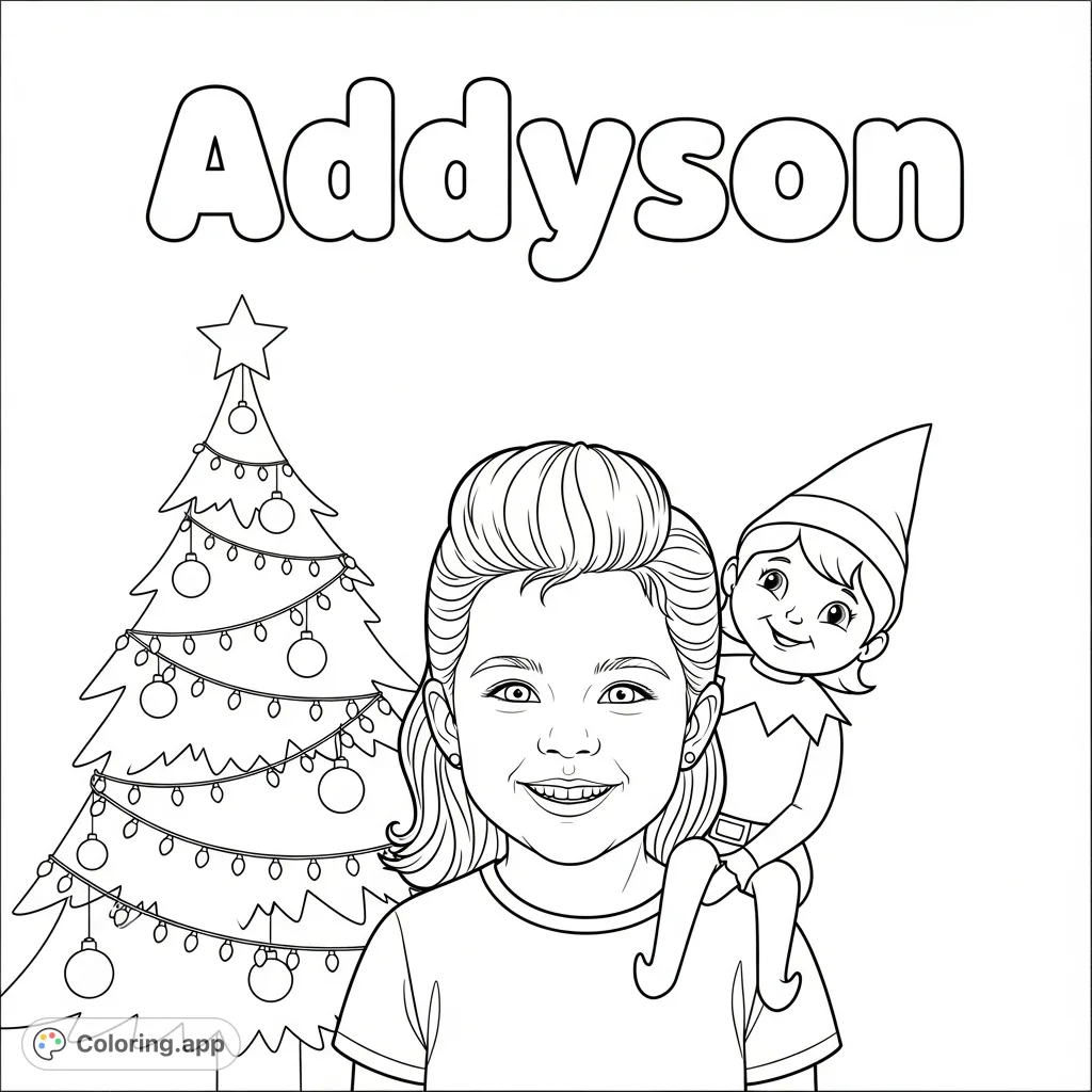 A delightful Addyson coloring page featuring a smiling girl with her Elf on the Shelf friend and a festive Christmas tree. Perfect for holiday fun!