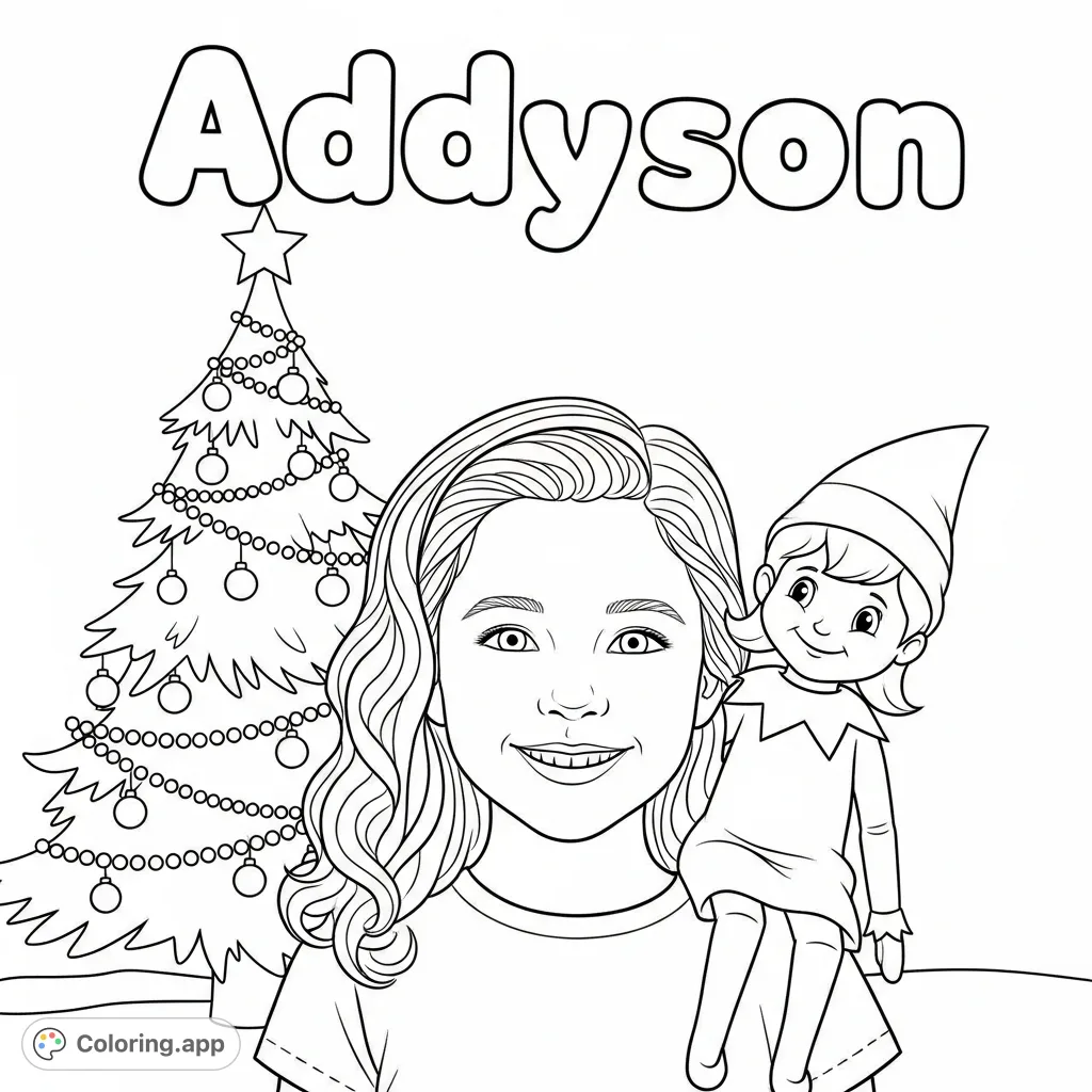 A cheerful Addyson with her long curls and a classic Elf on the Shelf on her shoulder, set against a festive Christmas tree. Perfect for personalized holiday fun!