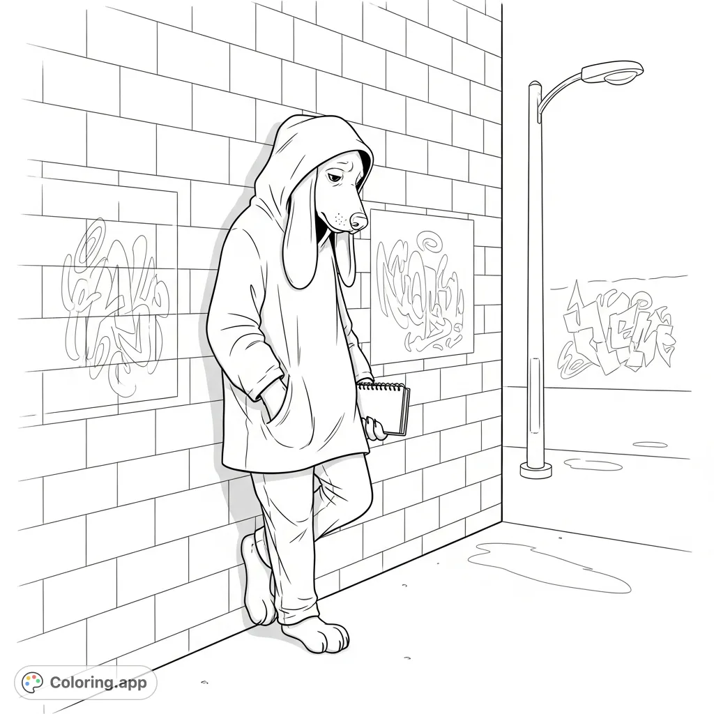 An anthropomorphic dog in a hooded outfit leans against a graffiti-adorned brick wall, holding a notebook. A contemplative urban scene.
