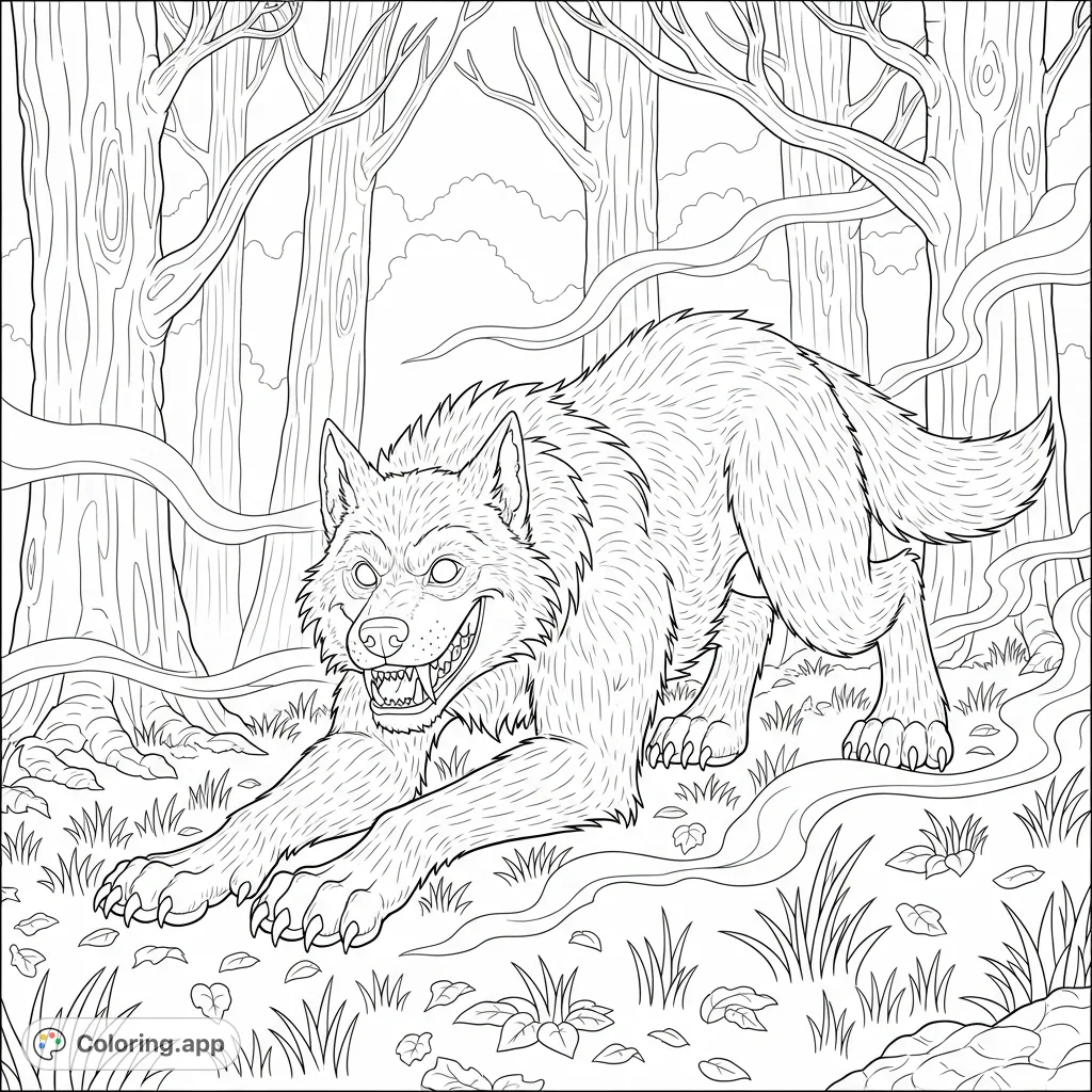 A playful anthropomorphic werewolf grins widely, caught mid-pounce in a misty midnight forest, with textured fur and glowing eyes. A detailed creature coloring page.