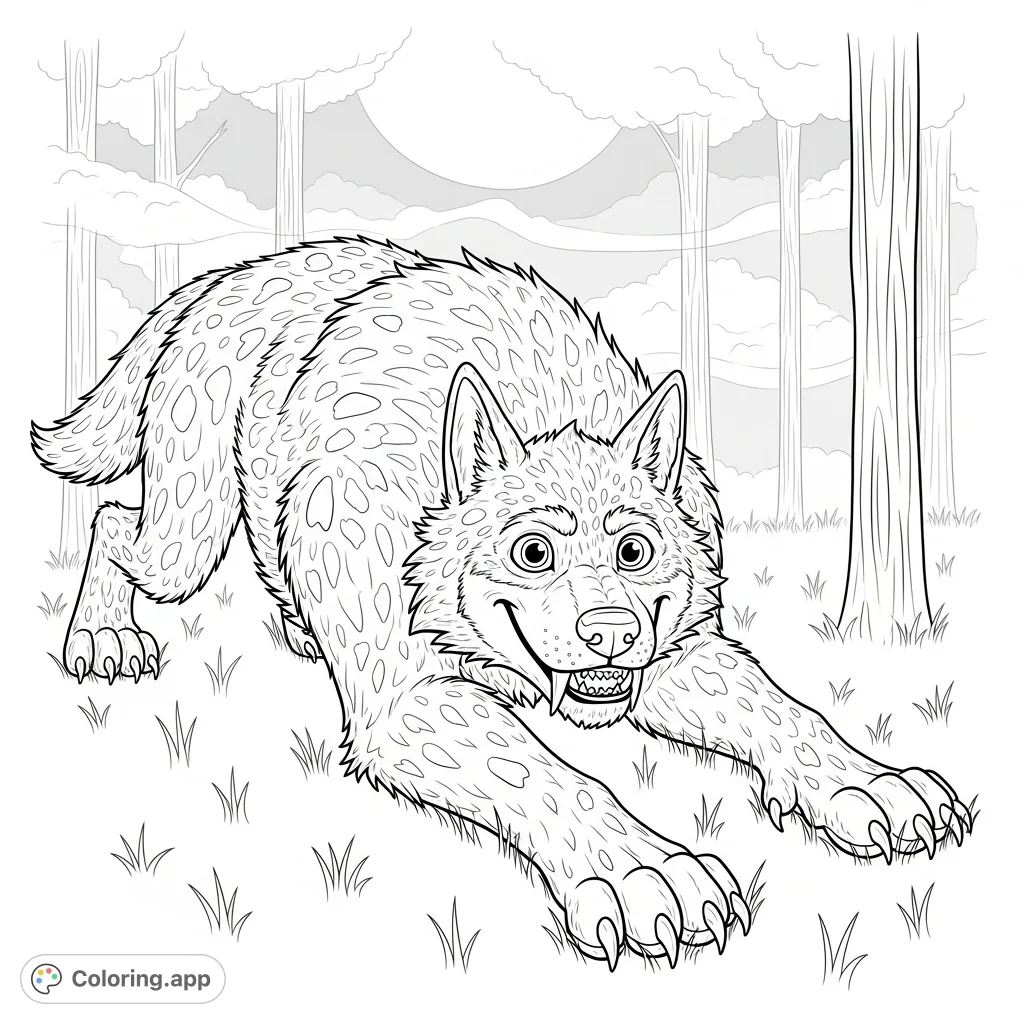 Unleash your creativity with this detailed werewolf coloring page! A massive, playfully pouncing anthropomorphic werewolf with a goofy smile in a misty forest.