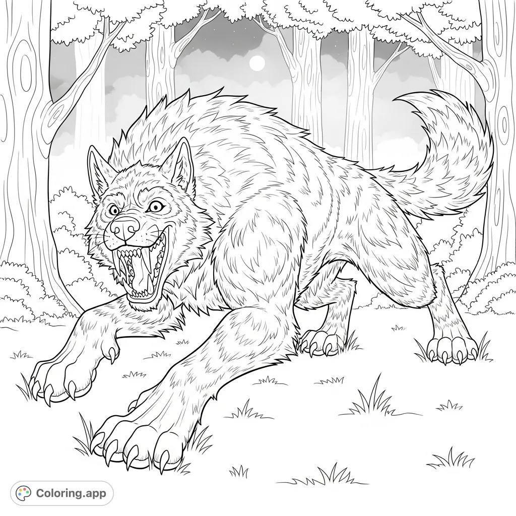 Unleash your creativity with this detailed werewolf coloring page! A massive, grinning werewolf in a playful pounce amidst a misty midnight forest.