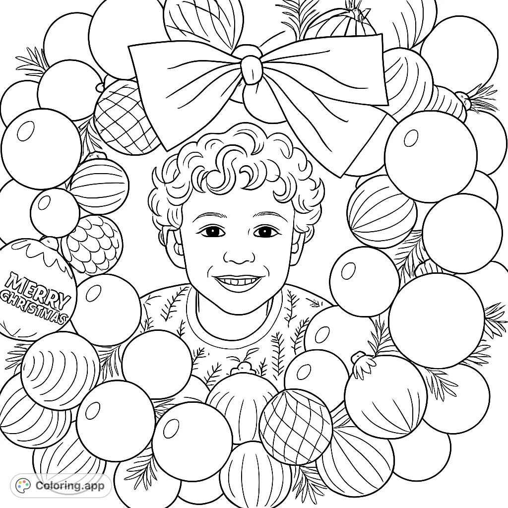 A delightful holiday wreath framing a smiling child. Features a festive mix of textured ornaments, a prominent bow, and a cheerful face. Perfect for festive fun!