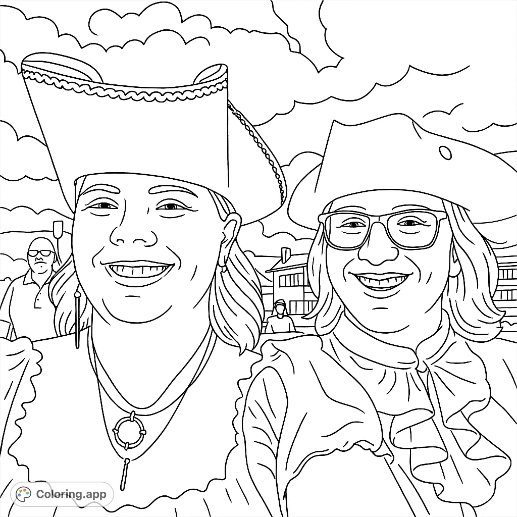 A cheerful pirate-themed coloring page featuring a smiling duo in detailed tricorne hats and historical attire. Perfect for adventure enthusiasts.