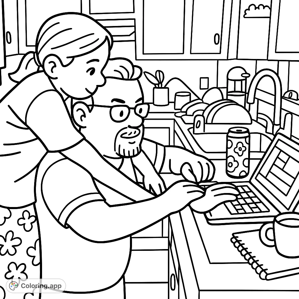 Enjoy a heartwarming family moment! This coloring page captures an adult and child sharing a laptop in a cozy kitchen, perfect for a whimsical, playful coloring experience.