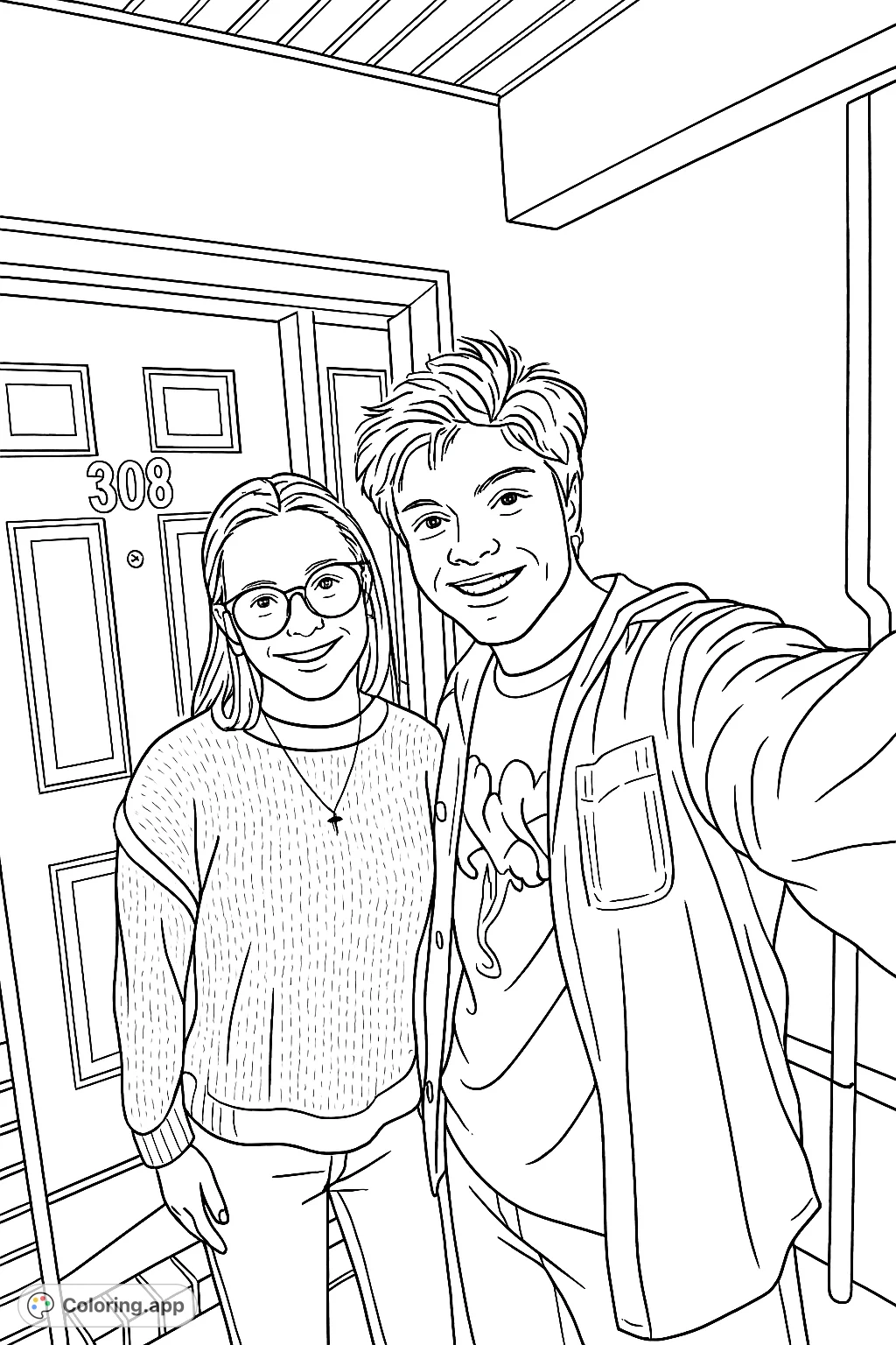 Capture a moment of connection with this couple's portrait coloring page. Features two smiling individuals and an inviting doorway setting.