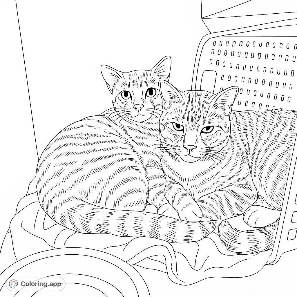 Discover this charming cat coloring page featuring two snuggly felines resting on a patterned blanket. Perfect for animal lovers of all ages!