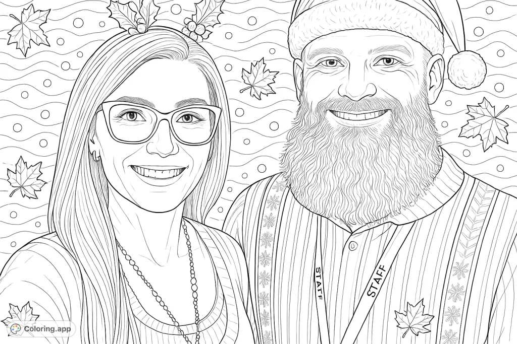 Celebrate the season with this festive coloring page featuring two cheerful individuals in holiday attire. Perfect for adding your creative flair to a joyful scene.