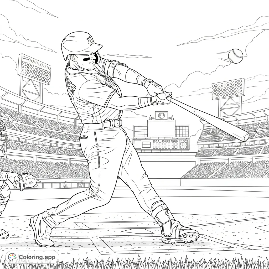 Capture the thrilling moment of George Springer hitting a home run in a dynamic baseball stadium scene. Perfect for sports fans of all ages to color.