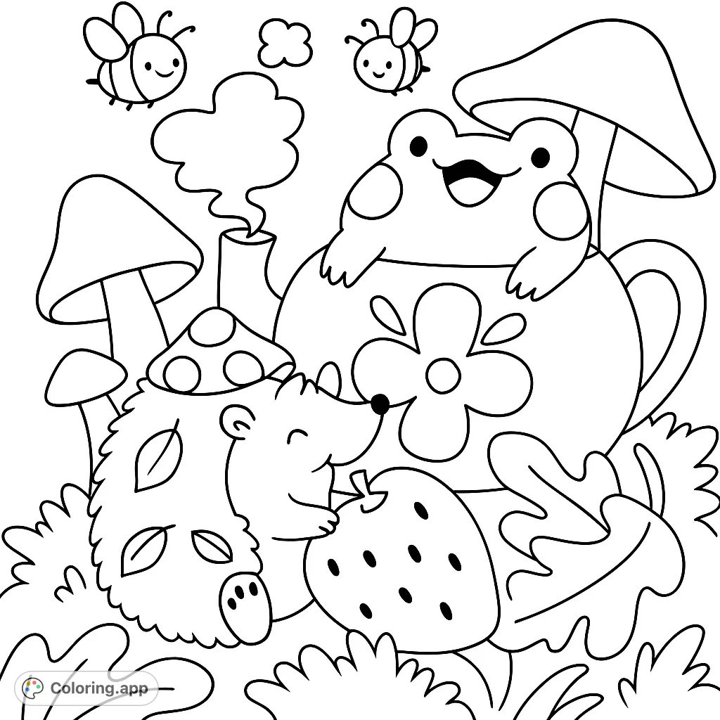 Dive into a charming scene with a frog, hedgehogs, and bees enjoying a whimsical tea party among mushrooms and berries. A delightful forest adventure awaits your creative touch.