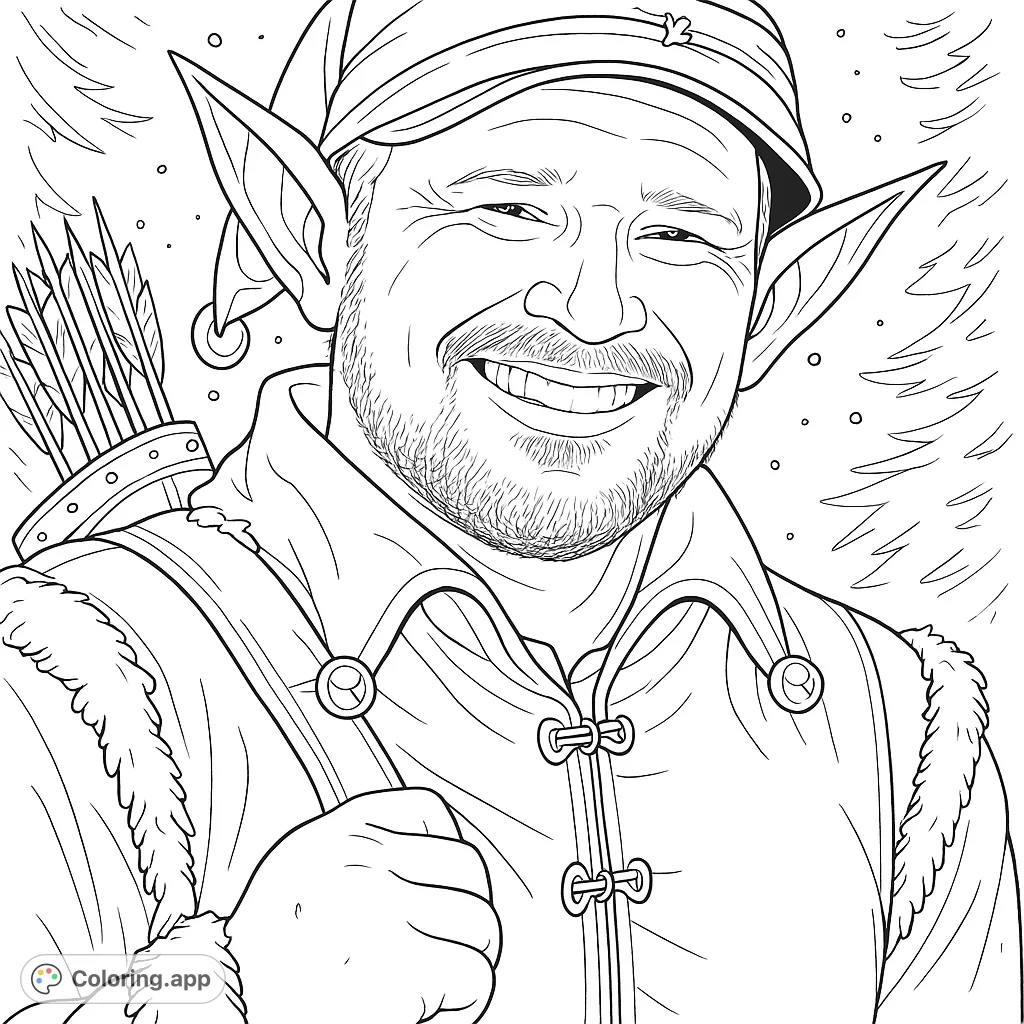 A charming elf character with pointed ears and a festive tunic, holding a quiver of arrows in a snowy forest. Perfect for holiday coloring!