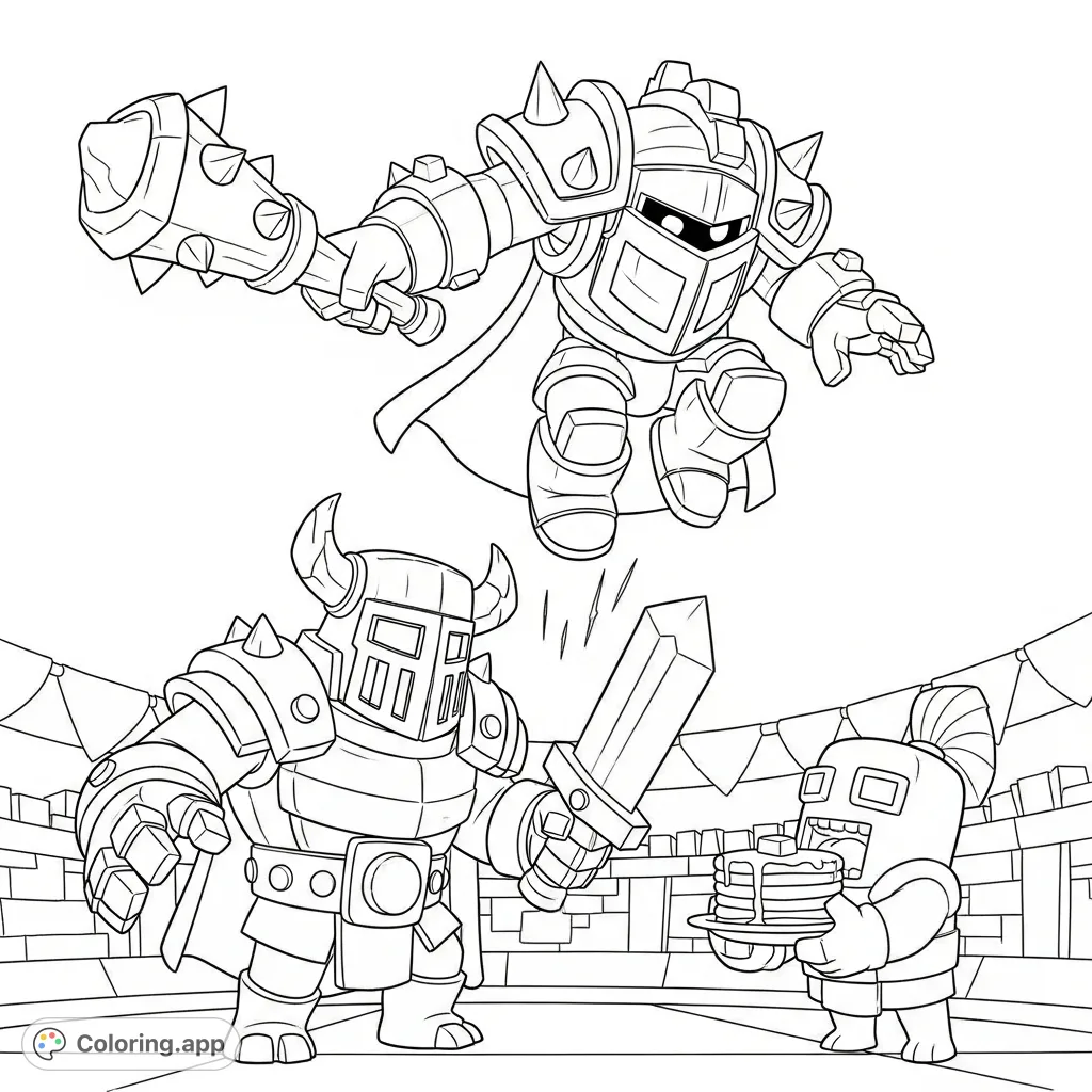 Witness an epic Clash Royale battle! Mega Knight leaps to attack P.E.K.K.A. in a grand arena, while Mini P.E.K.K.A. enjoys pancakes.