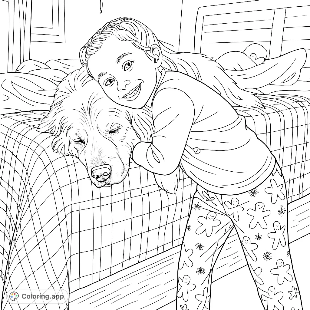 Capture a heartwarming scene of a girl embracing her loyal dog on a cozy bed. Perfect for animal lovers to color and bring to life.