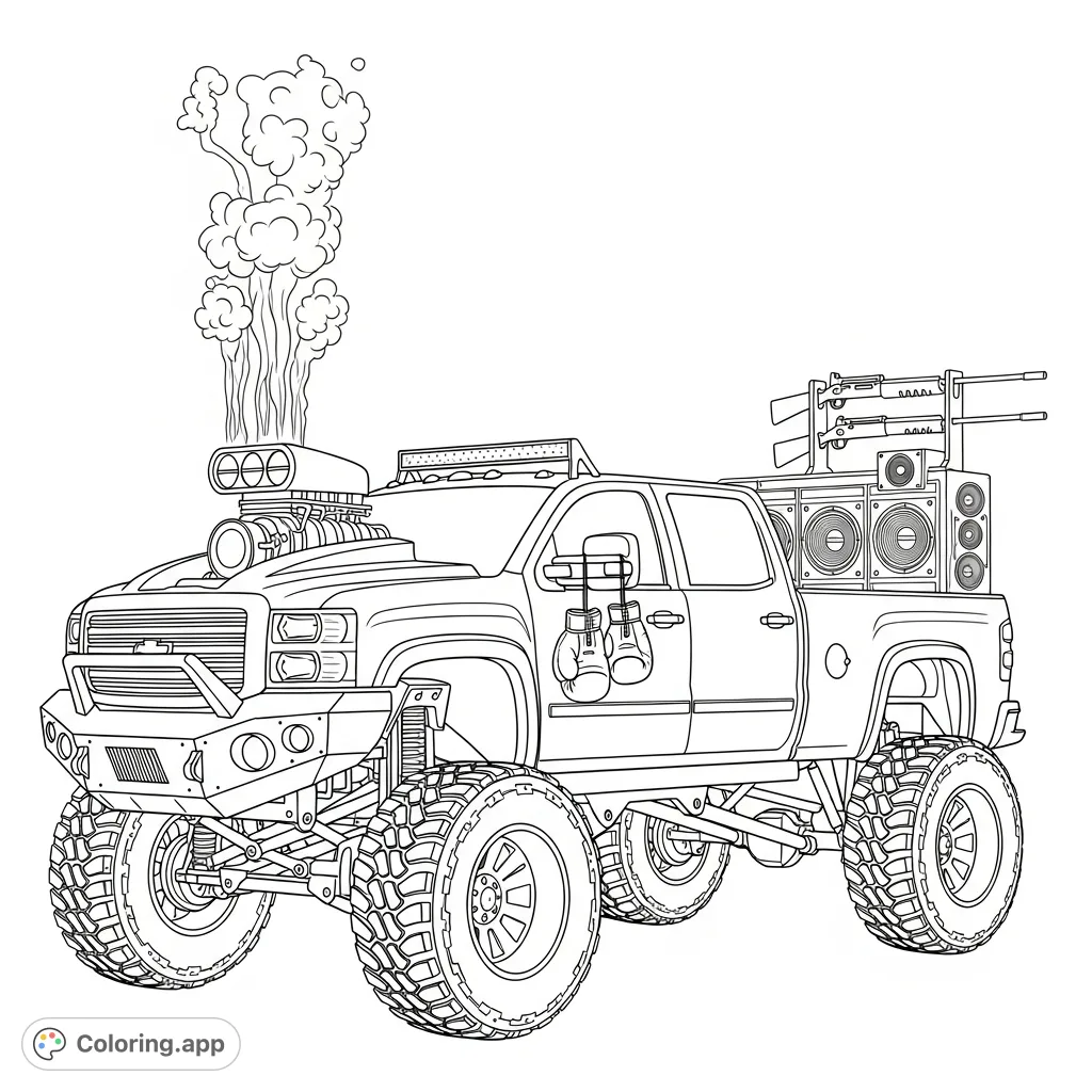Unleash your creativity with this detailed Duramax truck coloring page! Features a lifted stance, subwoofers, gunrack, boxing gloves, and a hood stack.