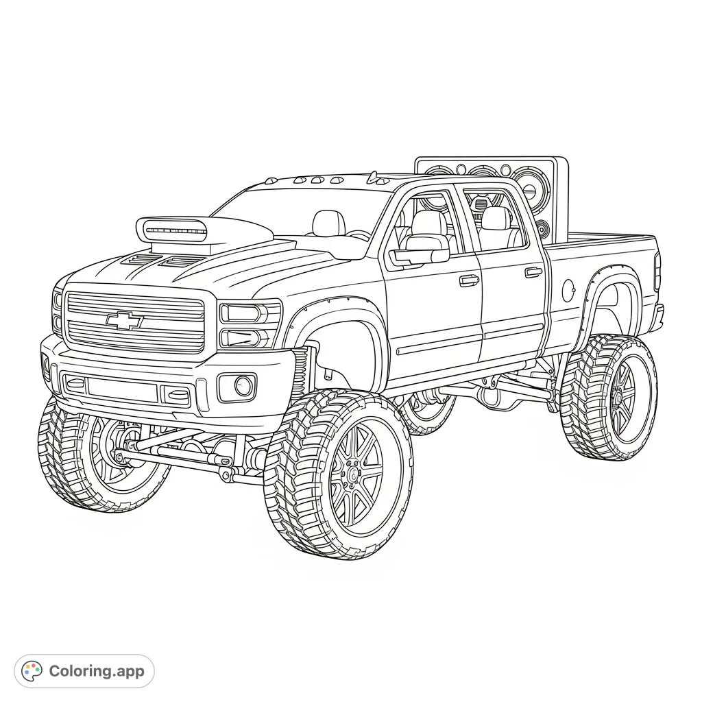Unleash your creativity on this detailed, lifted heavy-duty truck. Featuring a cowl induction hood, custom wheels, and a subwoofer. Perfect for truck enthusiasts!