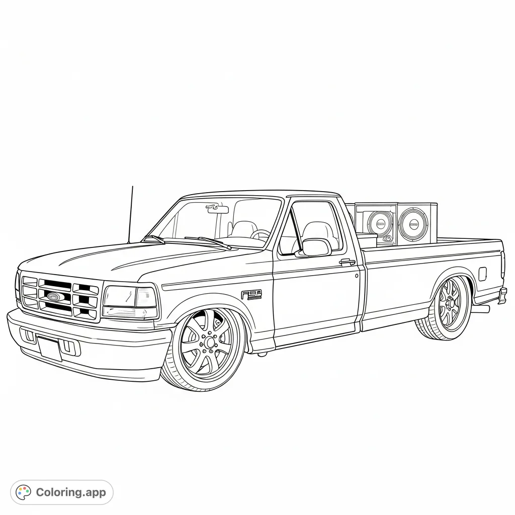 A detailed OBS 7.3 Powerstroke truck, lowered on 16-inch American Forces wheels, featuring a prominent subwoofer, ready for customization.