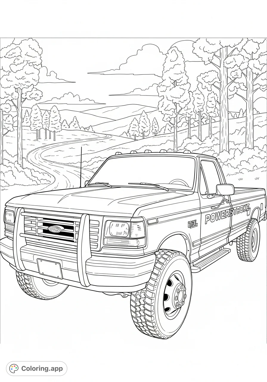 Color a detailed OBS Powerstroke 7.3 truck, showcasing its rugged design, prominent grille, and engine badging in a scenic, adventurous setting.