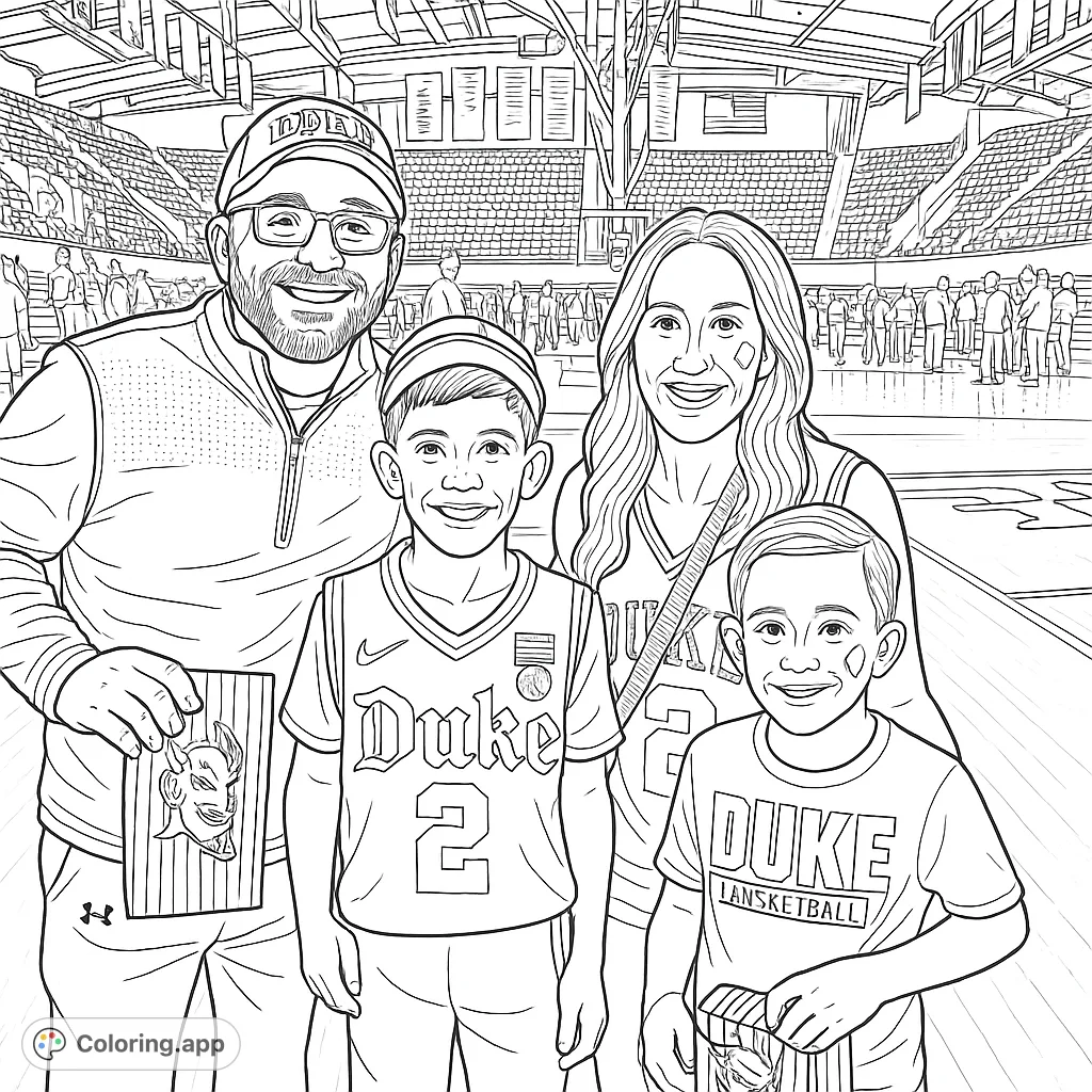 Capture the excitement of a family at a basketball game! This detailed coloring page features four smiling fans in a stadium, complete with team apparel and arena views.
