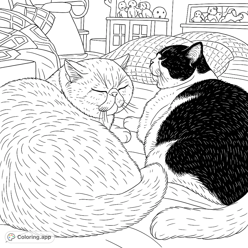 A heartwarming coloring page featuring two adorable cats nestled together, showcasing detailed fur and expressive faces for a relaxing creative experience.