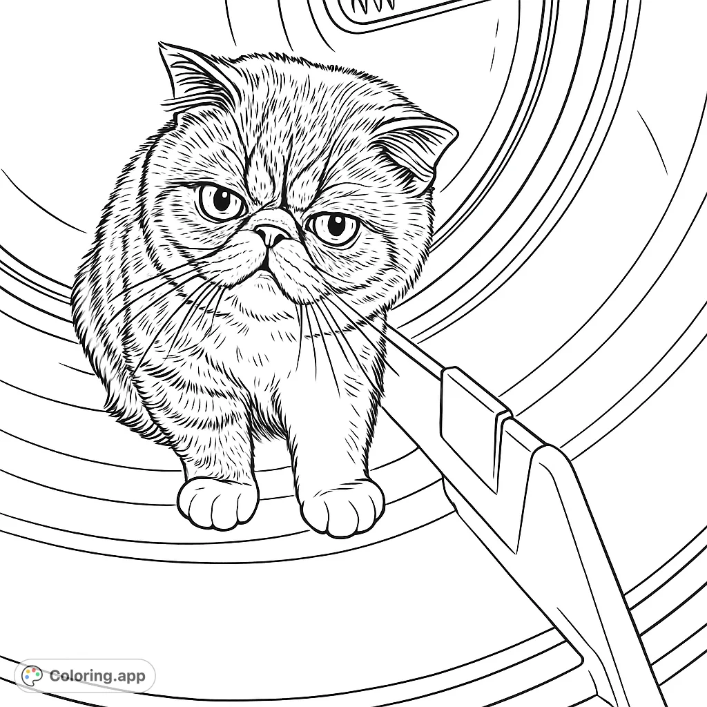 A delightful Exotic Shorthair cat explores a dryer drum. Features charming details, perfect for cat lovers. Relax and color this unique pet scene!