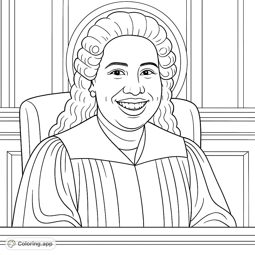 Color a distinguished judge in a courtroom setting, complete with wig and robe. A detailed portrait suitable for adult coloring enthusiasts.