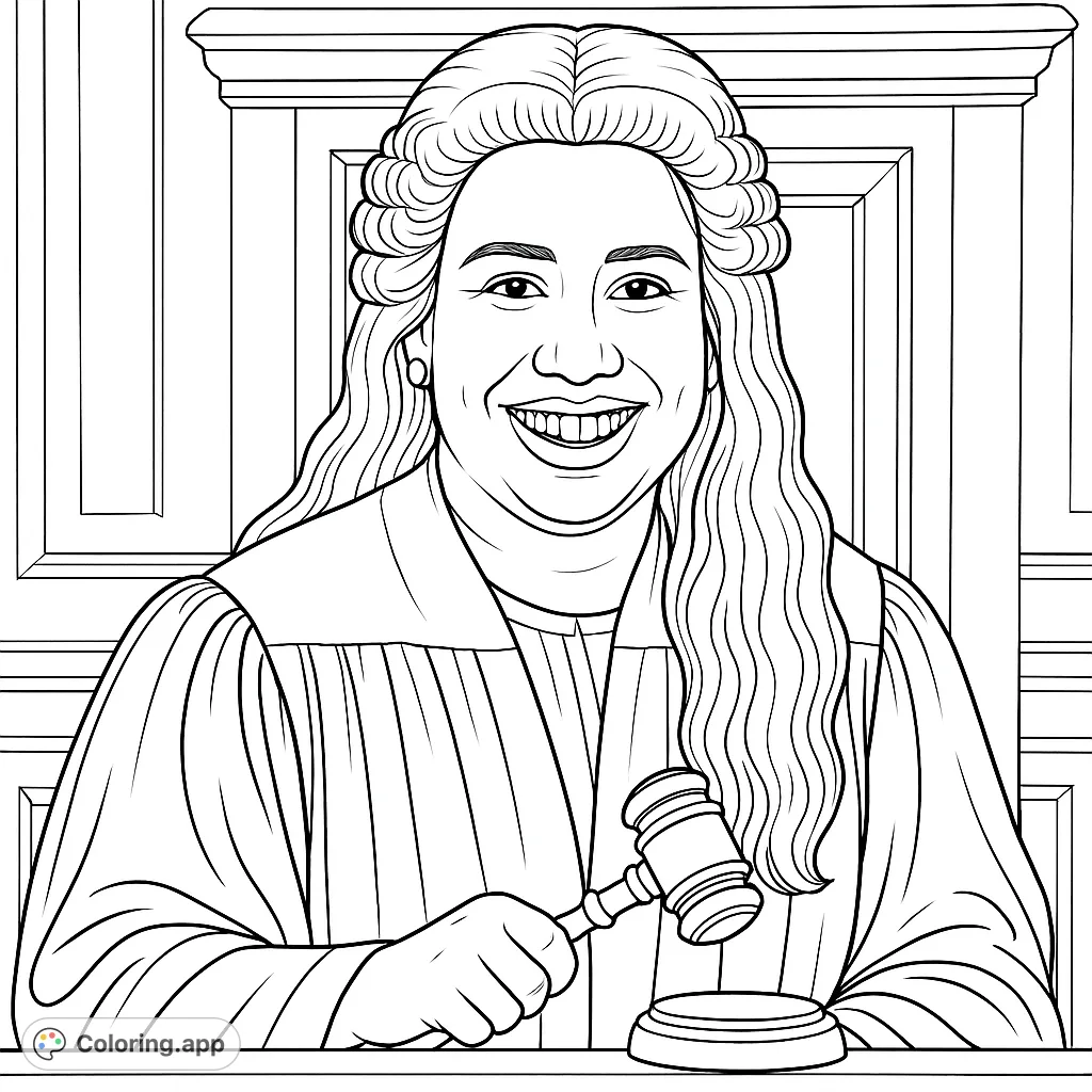 A detailed judge coloring page featuring a woman in a powdered wig and regal robe, holding a gavel behind a tall bench. Perfect for adult colorists!