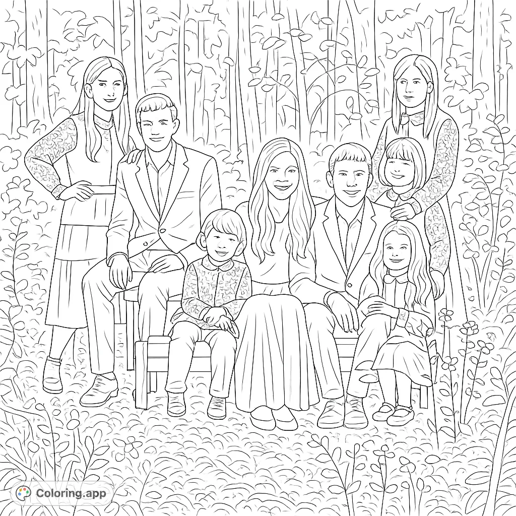 A heartwarming family portrait featuring seven individuals amidst a serene woodland backdrop, perfect for capturing cherished moments with thoughtful coloring.