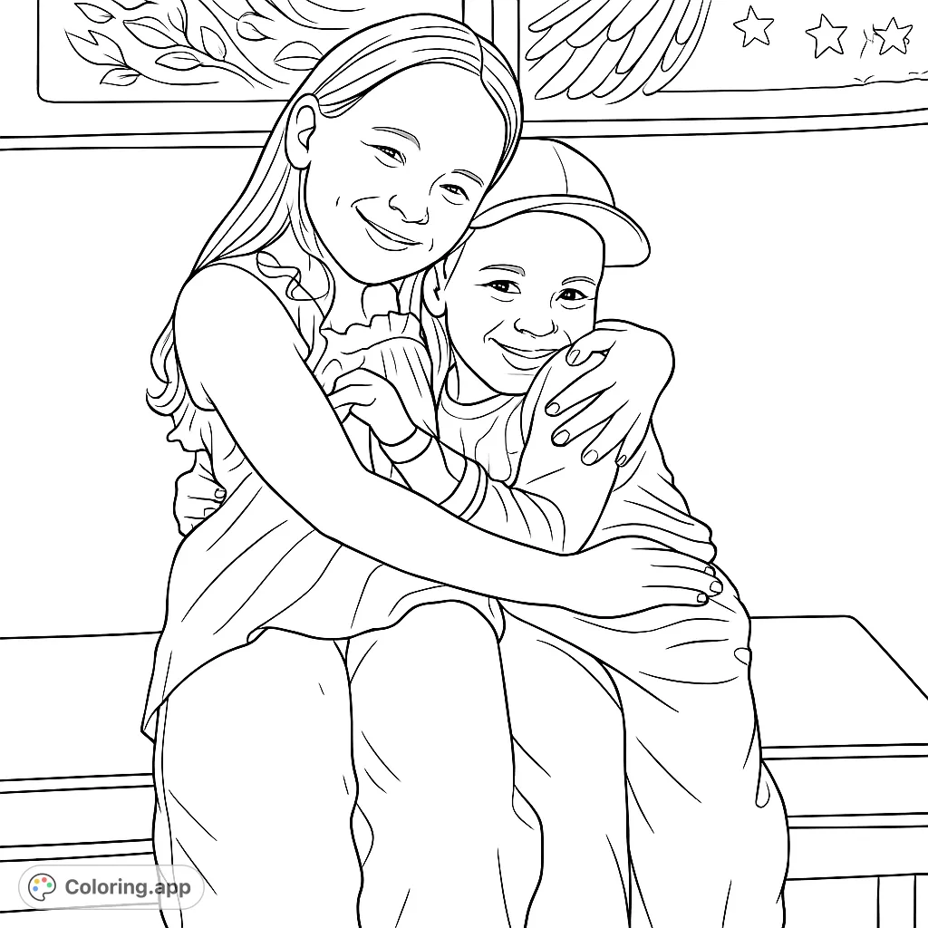 Capture a heartwarming moment of two children hugging, perfect for celebrating friendship and family bonds. A delightful, free printable coloring page.