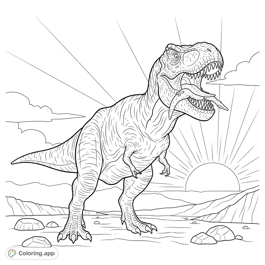Capture the prehistoric power of a T-Rex feasting under a dramatic sun. A thrilling dinosaur coloring page, perfect for creative fun.